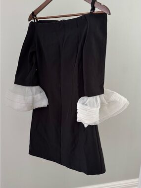 Ina Black Off-Shoulder Dress with White Tiered Ruffle Sleeves